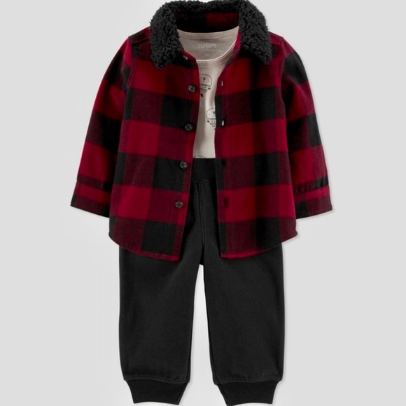 Carter's JOY Baby Boys' Plaid Shacket & Bottom 3pc Set - Red/Black NWT - Picture 3 of 4
